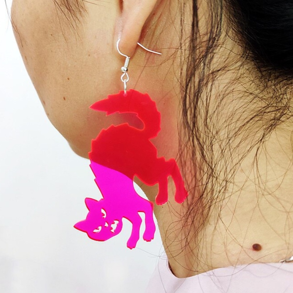 Scaredy Cat Laser Cut Neon Pink Acrylic Black Cat Halloween Earrings